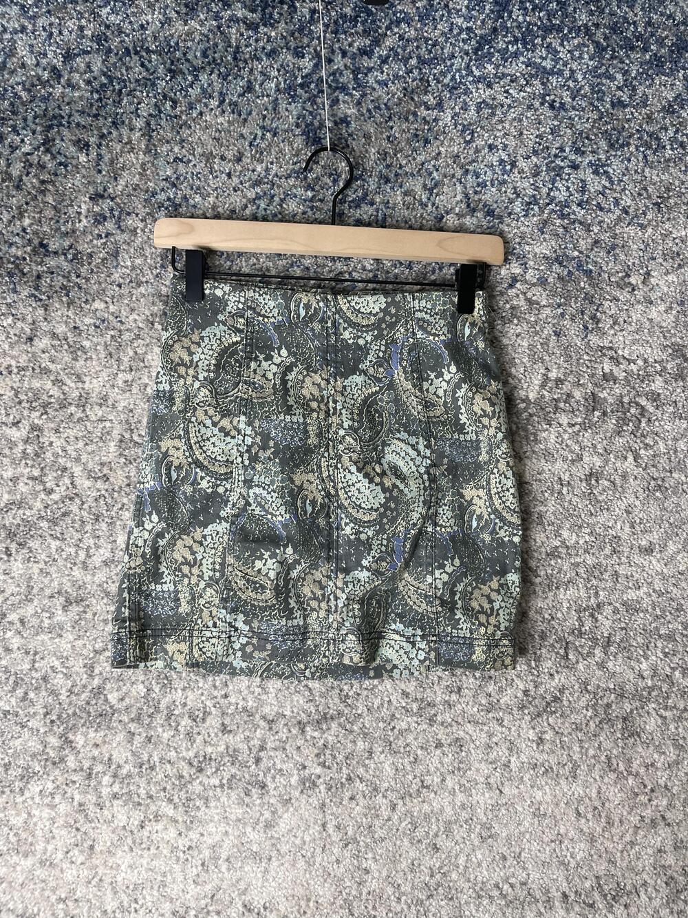 Free People Skirt Womens 0 Blue Green Paisley Jacquard Mini Boho Cotton Blend
